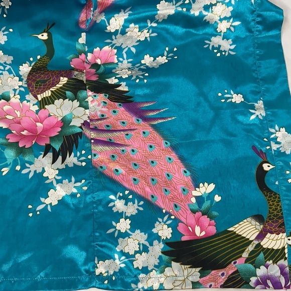 Zhong Sang 100% Satin Silky Kimono Duster Robe Open Front Floral Peacock Design - Picture 8 of 14
